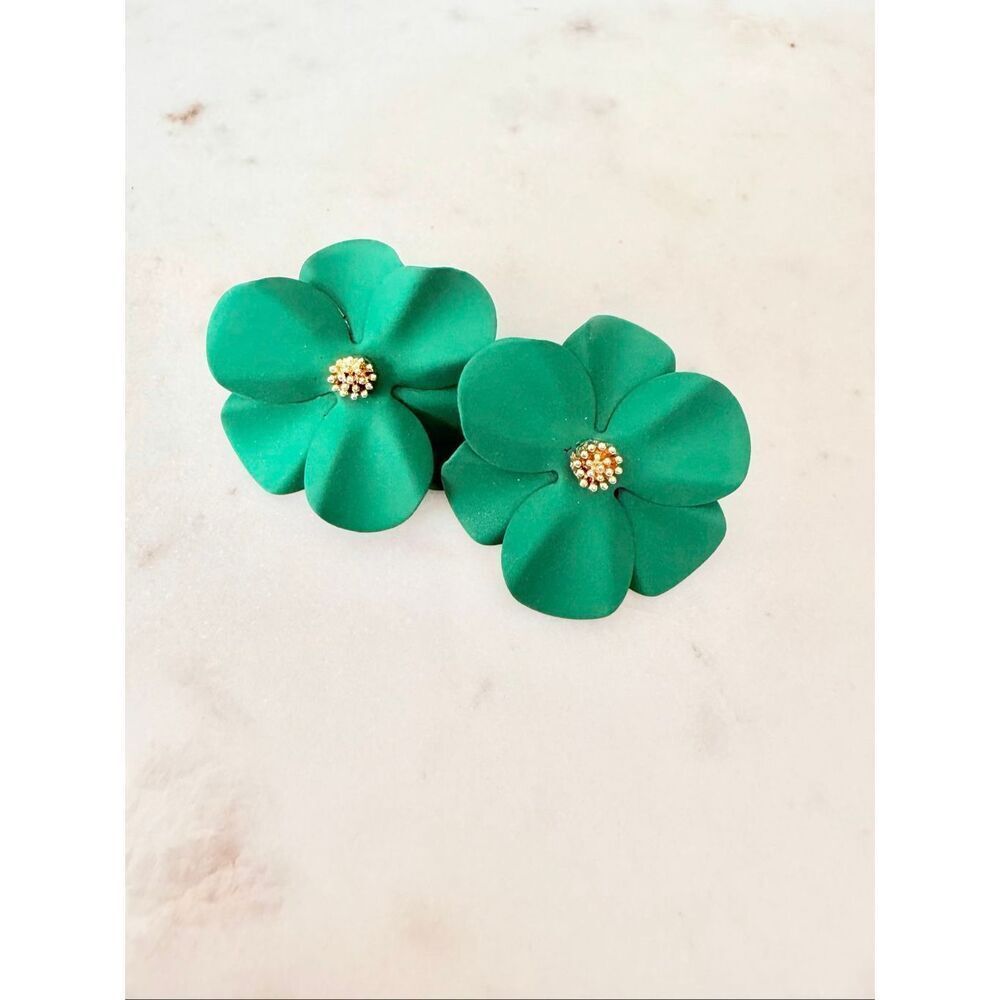 Emerald Green Flower Stud Earrings | Matte Floral Statement Earrings Gold Center
